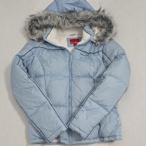 South Pole Blue Puffer Down Feather Jacket, Fleece Lining, Faux Fur Hood size L